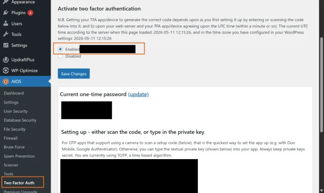Screenshot of Activate two factor authentication section