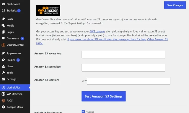 Screenshot showing Amazon S3 Access key section