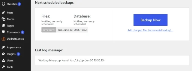 Screenshot of Backup now section