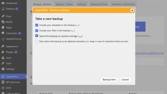 Screenshot of Backup dialogue box in UpdraftPlus