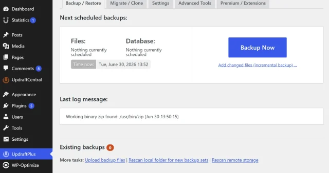 Screenshot of Backup page of Updraftplus