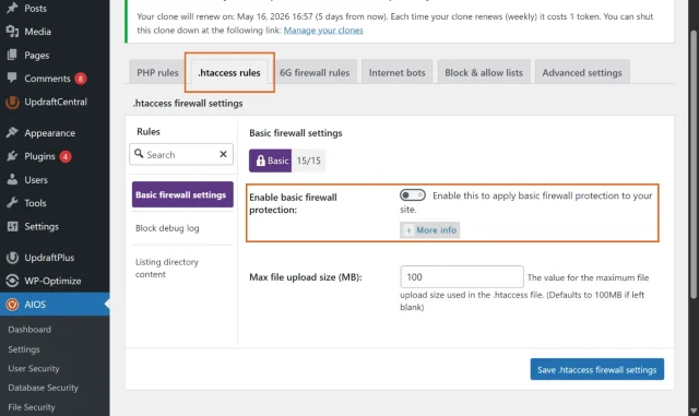 Screenshot of .htaccess rules tab