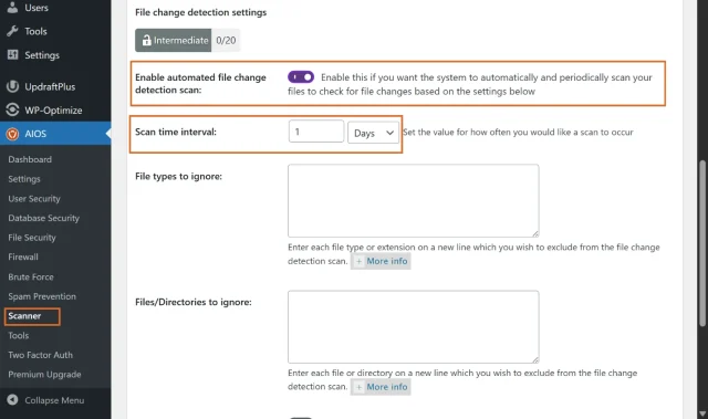 Screenshot highlighting Enable automated file change detection scan