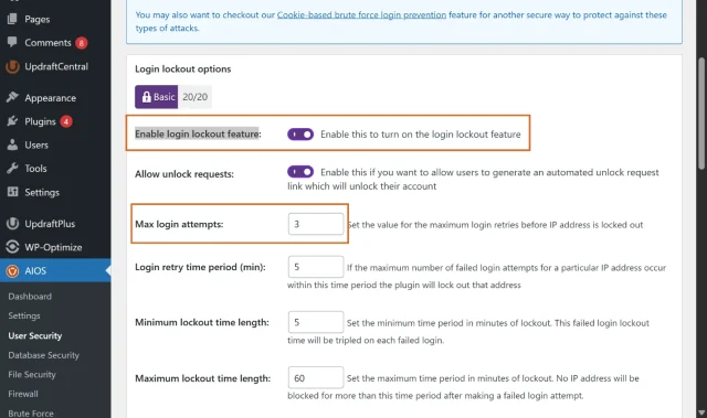 Screenshot highlighting Enable login lockout feature and Max login attempts count