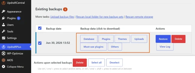 Screenshot of the UpdraftPlus Existing backups list