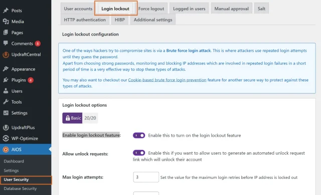 Screenshot of the AIOS Login lockout tab