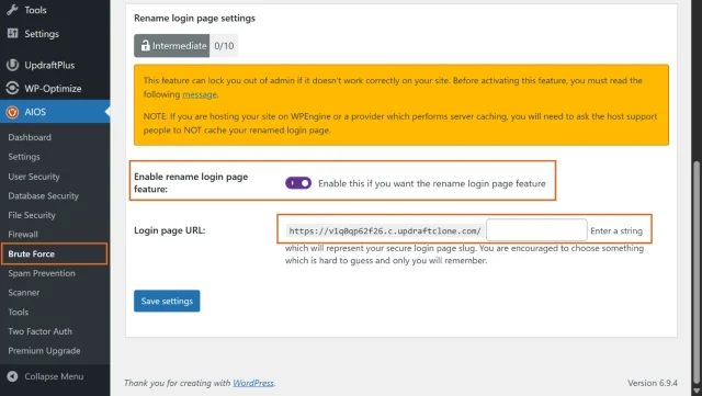 Screenshot highlighting Enable rename login page feature and the Login Page URL text field