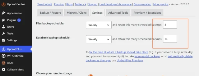Screenshot showing the Select amount of backups section