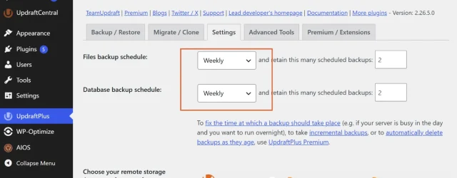 Screenshot showing the Select backup time section