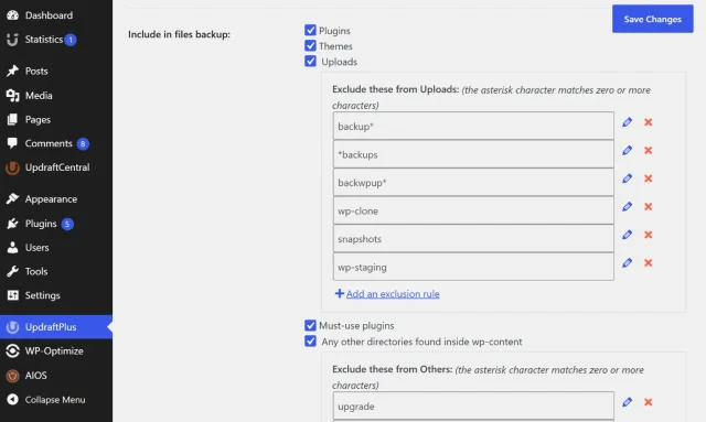 Screenshot showing where to select items for backup UpdraftPlus