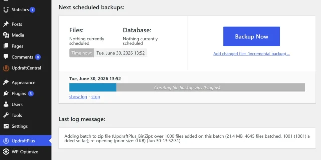 Screenshot of UpdraftPlus Backup in process
