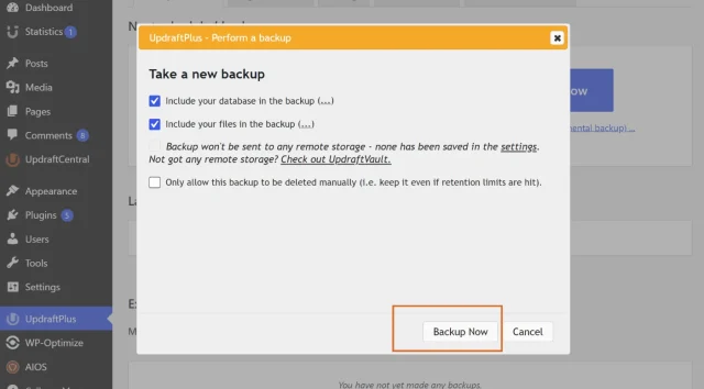 Screenshot of UpdraftPlus backup dialogue