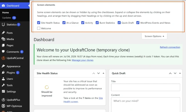 Screenshot highlighting WordPress Screen elements