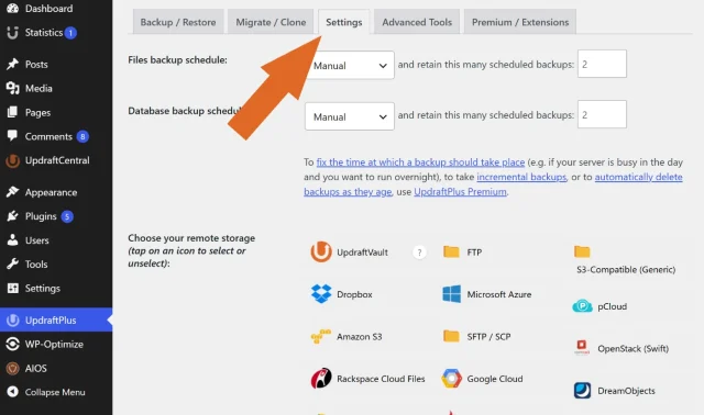 Screenshot of settings section of UpdraftPlus