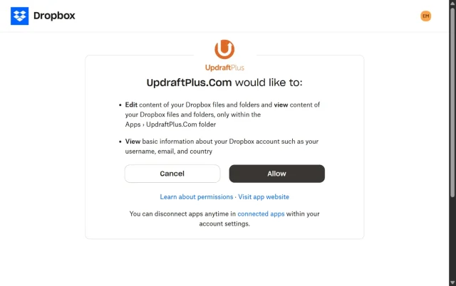 Screenshot showing 'Allow Updraft to access Dropbox'