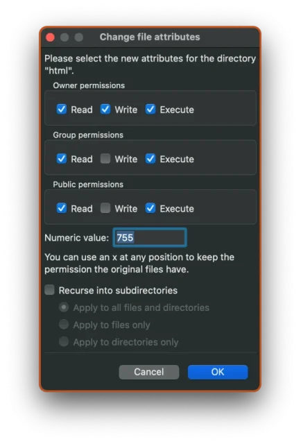 Screenshot of the options in 'Change file attributes'
