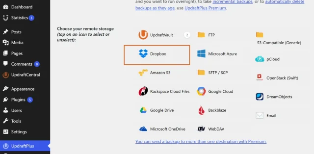 Screenshot highlighting Dropbox as the choice for backup