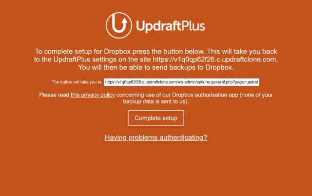 Screenshot of the confirmation to Complete Dropbox setup with UpdraftPlus