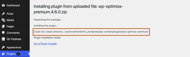 Screenshot of the 'Could not create directory' error