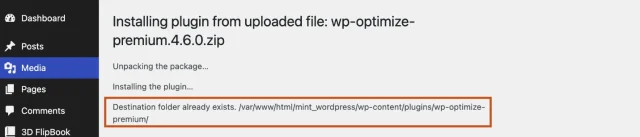 Screenshot of the 'Destination folder already exists' error