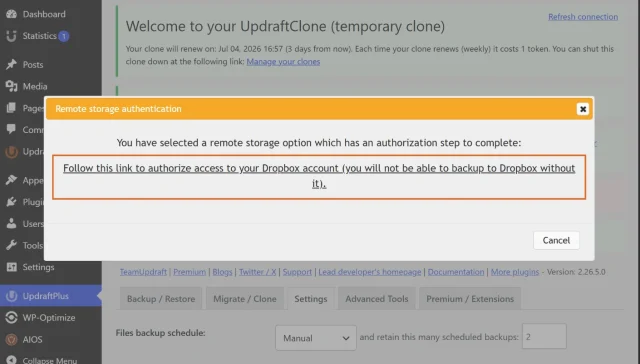 Screenshot of the Dialogue for Dropbox authentication