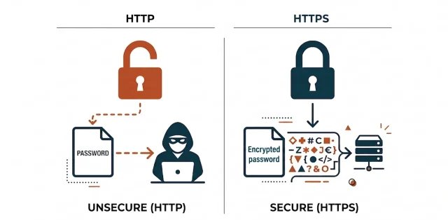 Infographic illustrating difference between HTTP and HTTPS by showing that it encrypts data