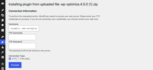 Screenshot of the page of FTP Credentials