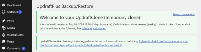 New UpdraftClone welcome page in WordPress