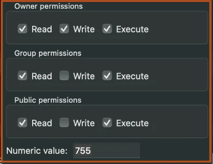 Screenshot of Owner permissions options in Filrzilla