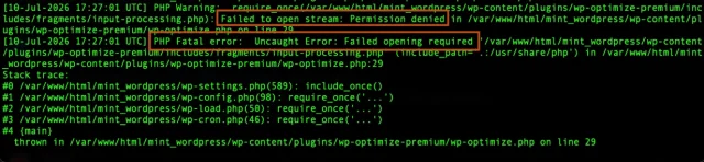 WordPress Debug log highlighting the Fatal error message
