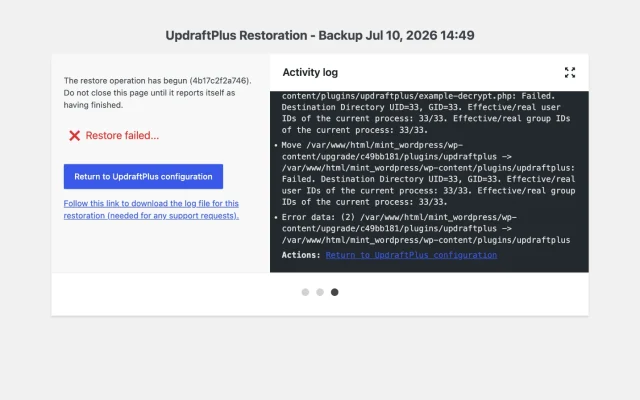 Screenshot showing that the 'Restore failed' error