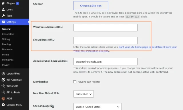 Screenshot indicating where to update WordPress address settings
