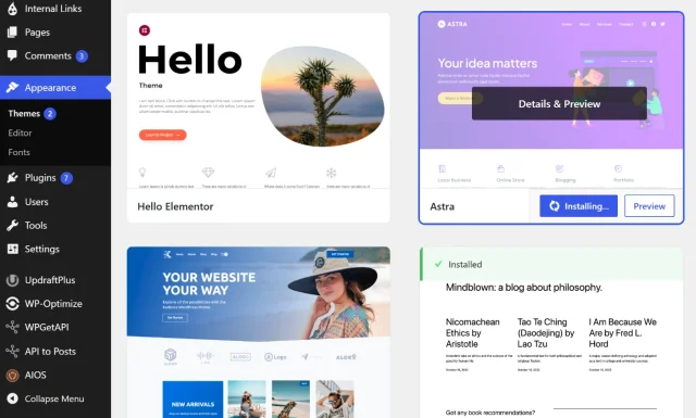 Screenshot indicating how to select a new theme