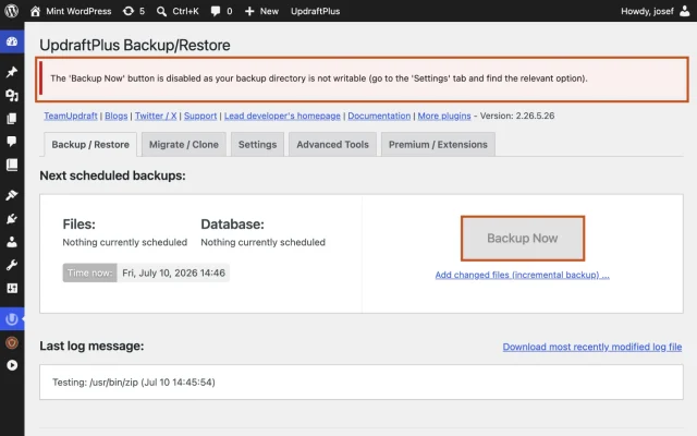 Screenshot highlighting the error that the 'Backup now' button is disabled