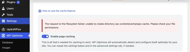 Screenshot of the error 'Cache files cannot be saved'