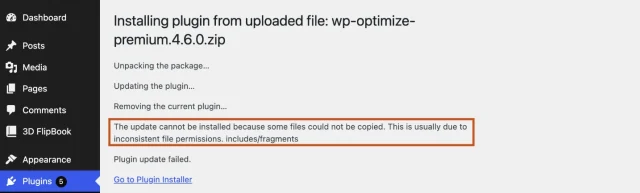 Screenshot of the 'Could not copy file' error