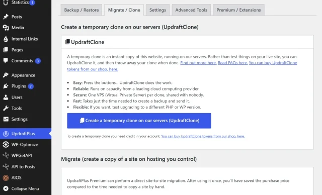 Screenshot of the UpdraftClone tab of UpdraftPlus