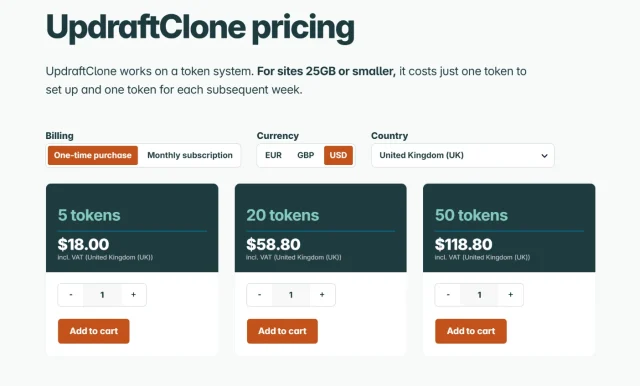 Screenshot of different tiers of UpdraftClone pricing. Pricing starts at 18$