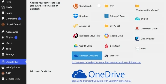 Screenshot showing the selection of OneDrive as a backup method