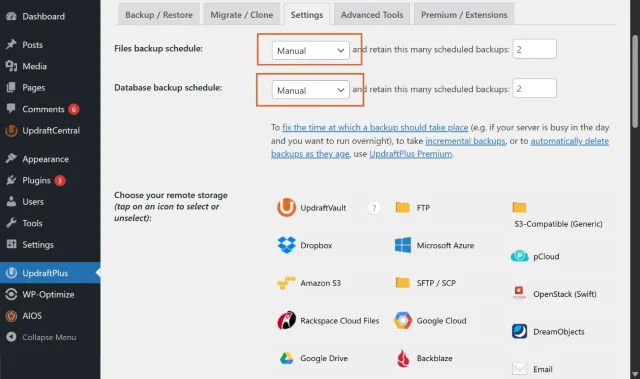 Screenshot of UpdraftPlus backups settings options