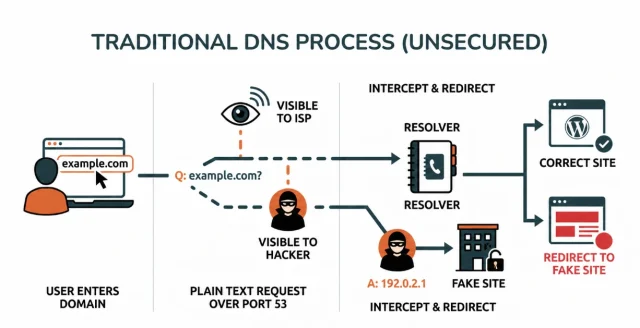 Infographic illustrating the steps of the traditional DNS process