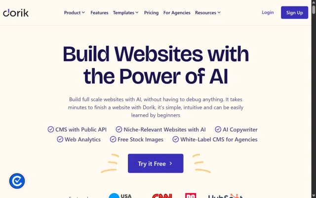 Screenshot of the Dorik AI Builder homepage
