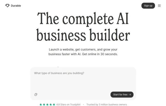 Screenshot of the Durable AI Builder homepage