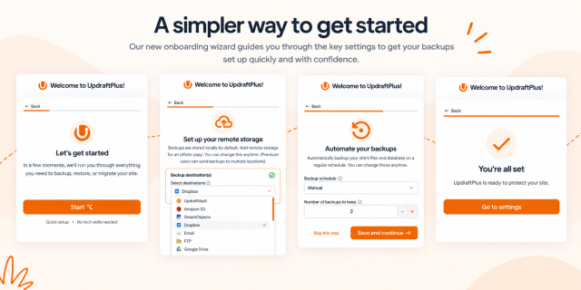 UpdraftPlus onboarding wizard showing backup setup, remote storage and automated backup options