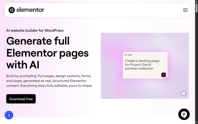 Screenshot of the elementor ai builder homepage