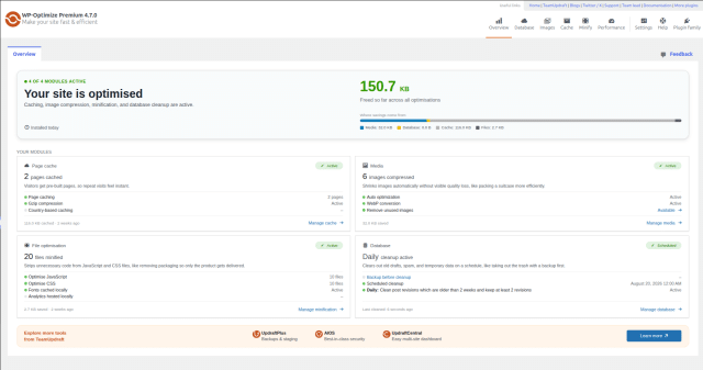 WP-Optimize 4.7.0 performance dashboard showing cache, images, minification and database optimisation