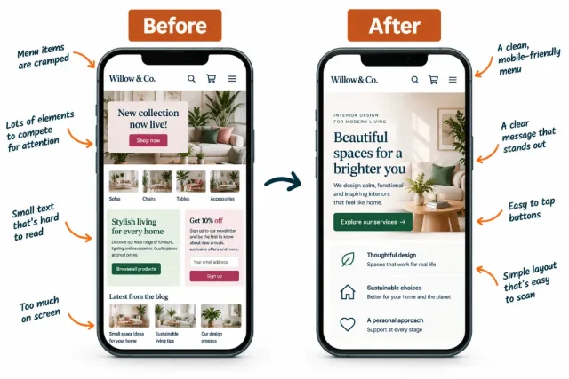 Image showing before and after of a mobile landing page outlining the issues that can be imrpoved