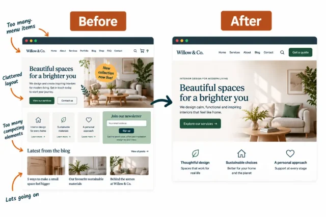 Image showing before and after outlining the issues with the landing page that could be simplified