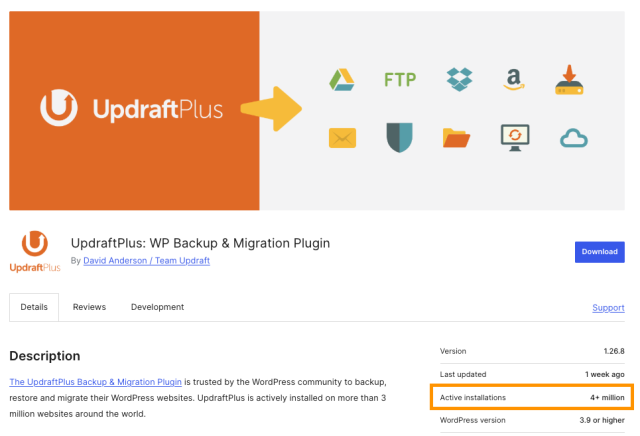 UpdraftPlus in the WordPress plugin directory, showing 4+ million active installations.