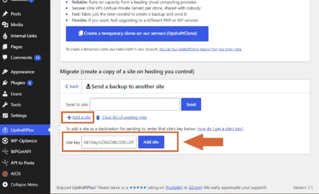Screenshot showing how to Select 'Send a backup to another site'